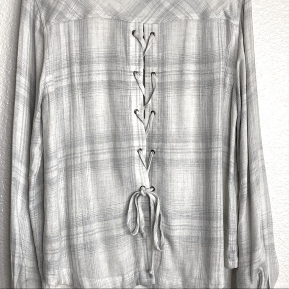 Cloth & Stone Anthropologie Lace-Up Back Plaid Long Sleeve Shirt Blouse M - Picture 4 of 9